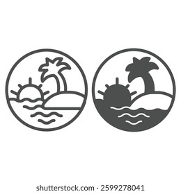 Sunset at ocean island with palm tree line and solid icon, tropical voyage concept. Vector graphics. Tropical landscape bubble sign on white background, outline style icon for mobile or web design