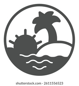 Sunset at ocean island with palm tree solid icon, tropical voyage concept. Vector graphics. Tropical landscape bubble sign on white background, glyph style icon for mobile or web design