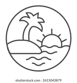 Sunset at ocean island with palm tree thin line icon, tropical voyage concept. Vector graphics. Tropical landscape bubble sign on white background, outline style icon for mobile or web design