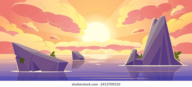 Sunset In Ocean Landscape Background. Sun Dips Below The Horizon, Casting A Warm, Golden Glow Across The Tranquil Sea