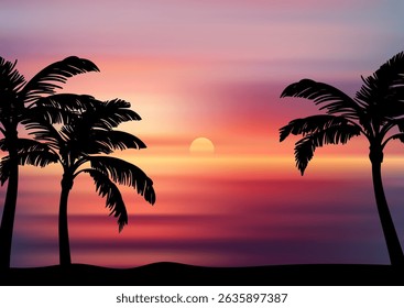 Sunset ocean landscape with palm trees silhouetted in the foreground