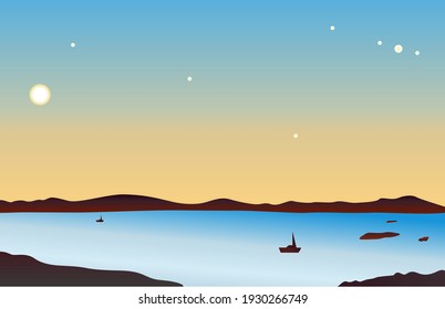sunset in ocean, nature landscape background, orange sky to shining the moon above sea withcliffs and rocks of water surface. Cartoon vector illustration, sunrise, morning and evening concept
