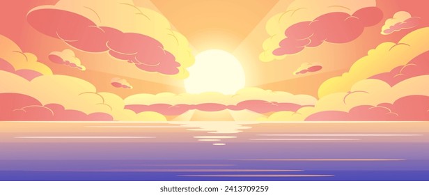 Sunset In the Ocean, Nature Landscape Background, Pink And Yellow Fluffy Clouds In Orange Sky With Sun Shining Above