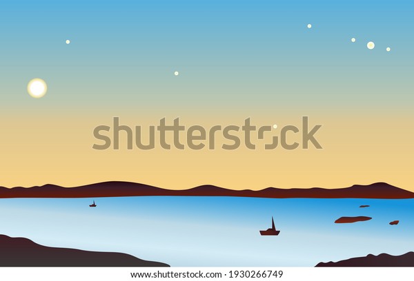 sunset in ocean, nature landscape background,
orange sky to shining the moon above sea withcliffs and rocks of
water surface. Cartoon vector illustration, sunrise, morning and
evening concept