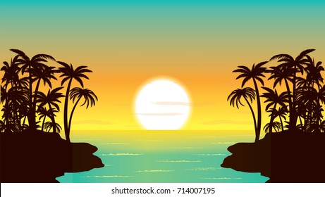 sunset in the ocean, palm coast vector illustration. tropical nature landscape