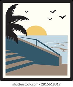 Sunset Ocean Pier Palm Tree Flat Vector Illustration, A flat-style vector illustration depicting a tranquil beach scene at sunset. A palm tree silhouette frames a wooden pier with railing leading into calm ocean waters, as birds fly across a warm golden sky. Bordered like a framed print, this minimalist design evokes vacation, coastal calm, and tropical serenity.