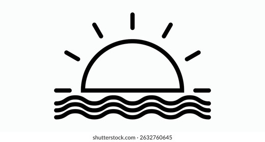 Sunset and ocean rising icon with outline style