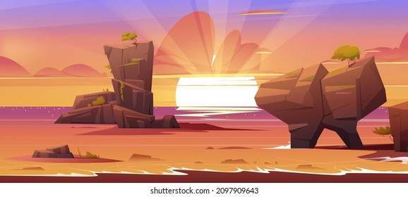 Sunset in ocean with rocks sticking up of water. Tranquil nature landscape with surf sea waves under dusk sky with pink clouds and bright sun beams. Rocky shore with sand, Cartoon vector illustration
