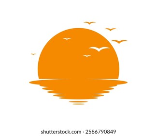 Sunset Ocean Scene Birds Flying, Sun Reflection, Tranquil Nature