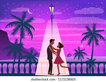 Sunset ocean, sea, palm trees, mountains, embankment, the setting sun, seascape. Meeting a couple in love, romance, love. Mood of color. Vector, isolated, cartoon style