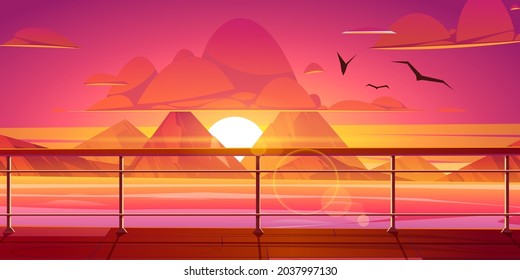 Sunset in ocean or sea, scenery mountains view from ship deck. Nature landscape red clouds in sky with flying gulls, shining sun go down above rocks and calm water surface, Cartoon vector background