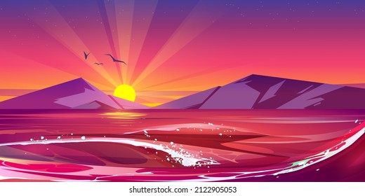 Atardecer en el océano o el mar con olas salpicantes, paisaje natural con gaviotas voladoras en el cielo púrpura con estrellas y sol bajando por las cumbres de la montaña sobre la superficie de agua tormentosa, fondo vectorial de dibujos animados