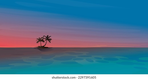 Sunset at the ocean with small tropical island and palm trees flat design. Travel concept vector illustration background.
