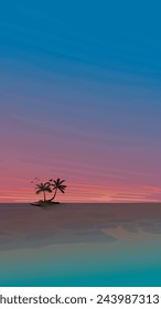 Sunset at the ocean with small tropical island and palm trees flat design. Travel concept vector illustration vertical background.