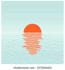 Sunset in ocean - striped background. Vector line art