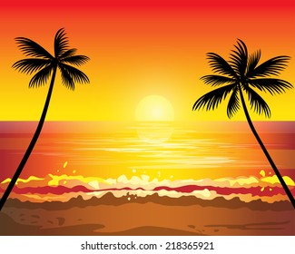 Sunset ocean summer beach with tropical palm tree over horizon