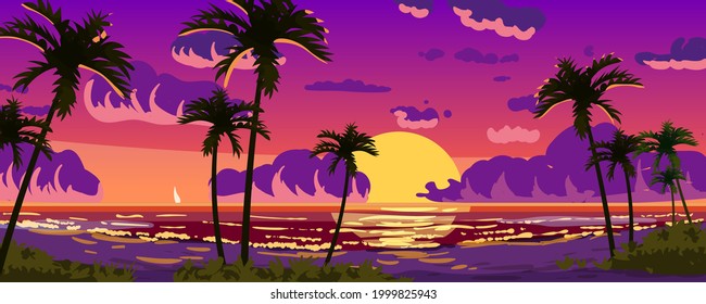 Sunset Ocean Tropical resort landscape panorama. Sea shore beach, sun, exoti csilhouettes palms, coastline, clouds, sky, summer vacation. Vector illustration cartoon style