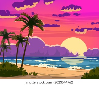 Sunset Ocean Tropical resort landscape. Sea shore beach, sun, exoti csilhouettes palms, coastline, clouds, sky, summer vacation. Vector illustration cartoon style