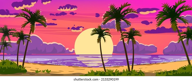 Sunset Ocean Tropical resort landscape panorama. Sea shore beach, sun, exoti csilhouettes palms, coastline, clouds, sky, summer vacation. Vector illustration cartoon style