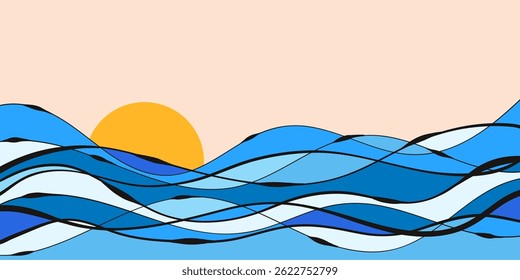 Sunset and Ocean Waves Background. Abstract sea landscape with hand-drawn lines. Minimal beach horizon design. Blue wavy pattern. 