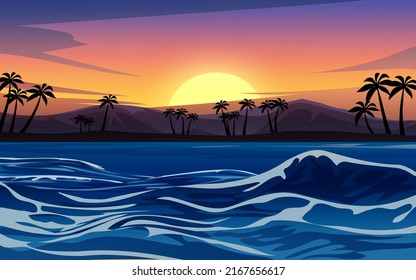 Atardecer en el océano con olas e isla