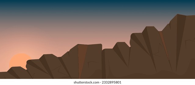 Sunset on African savanna landscape, wild African night view, cartoon background with rocks and plain under twilight sky. Kenya panoramic scene, Vector illustration