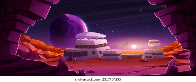 Sunset on alien planet space colony station. Mars observatory base building with exploration mission cartoon vector landscape. Futuristic cosmic desert terrain on outer red satellite expedition