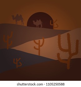 Sunset on a background of a mountain landscape. Background of landscape with desert, cactus, rocks, hills, mountains. Cartoon flat game graphic. Landscape on brown and purple colors.