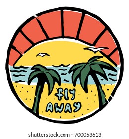 Sunset or sunset on background, two palm-trees, sea, seagulls, golden sand. Fly away text