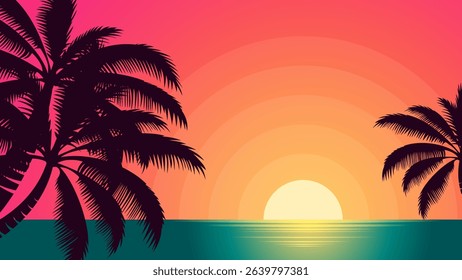 Sunset on beach background vector, summer banner with beautiful tropical summer evening at lagoon landscape