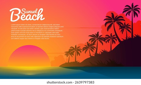 Sunset on beach background vector, summer banner with beautiful tropical summer evening at lagoon landscape