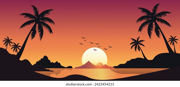 sunset on the beach coconut tree with mountain and river vector poster 