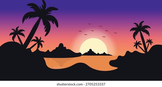 sunset on the beach coconut tree with mountain and river vector poster 