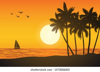 sunset on the beach with coconut trees vector illustration.