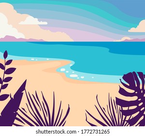 La puesta de sol en la playa. Amanecer a orillas del mar. plantas tropicales. El mar de vacaciones. Relájese en la playa, cerca del océano.