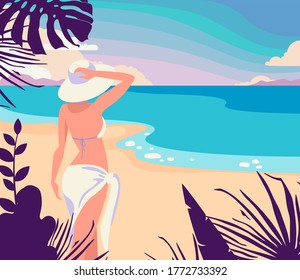 La puesta de sol en la playa. Amanecer a orillas del mar. plantas tropicales. El mar de vacaciones. Relájese en la playa, cerca del océano. Chica de vacaciones. Una mujer junto al mar está descansando.