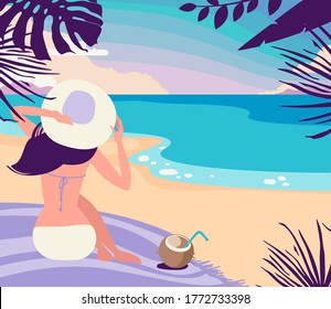 Sunset on the beach. Dawn on the seashore. tropical plants. The sea on vacation. Relax on the beach near the ocean. Girl on vacation. A woman by the sea is resting.