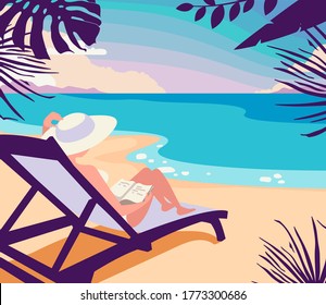Sunset on the beach. Dawn on the seashore. tropical plants. The sea on vacation. Relax on the beach near the ocean. A woman by the sea is resting.

