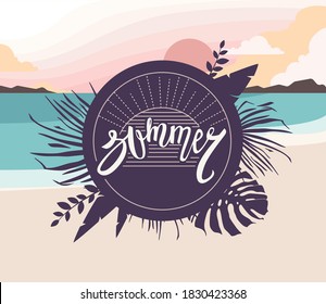 Sunset on the beach. Dawn on the seashore. tropical plants. The sea on vacation. Relax on the beach near the ocean.
