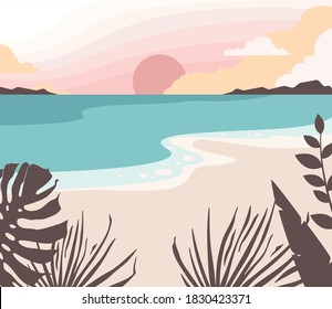 Sunset on the beach. Dawn on the seashore. tropical plants. The sea on vacation. Relax on the beach near the ocean.
