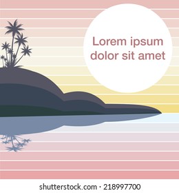 Sunset on the beach flyer with coconut trees silhouette. 