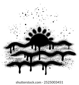 Puesta de sol en la playa graffiti con pintura en aerosol negro. Ilustración vectorial.