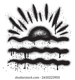 Puesta de sol en la playa graffiti con pintura en aerosol negro. Ilustración vectorial.