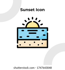 Sunset on The Beach Icon with Filled Outline Style, Vector Editable