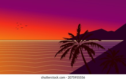 Atardecer en la ilustración de la playa, adecuado para la decoración de las paredes, papel pintado y fondo.