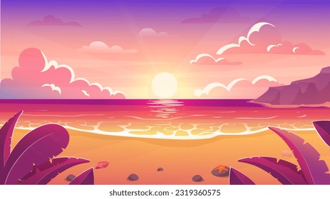 Sunset on beach landscape concept. Beautiful natural panorama in tropical and exotic country. Sea and coastline. Nature vacation and holiday at island. Cartoon flat vector illustration