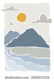 Sunset on beach landscape panorama hand draw. Beach and mountains organic lines matisse style, naive art, contemporary backgrounds vector illustration