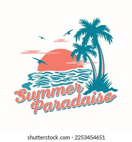 Sunset on the beach with letter Summer Paradise template background. Vector illustration