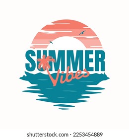Sunset on the beach with letter Summer Vibes template background. Vector illustration