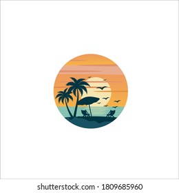 sunset on the beach logo design illustration icon vector